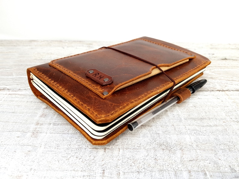 Leather midori cover with pockets, hand stitched travellers notebook, leather fauxdori, moleskine cahier cover, A5 cover, personalisation Brown