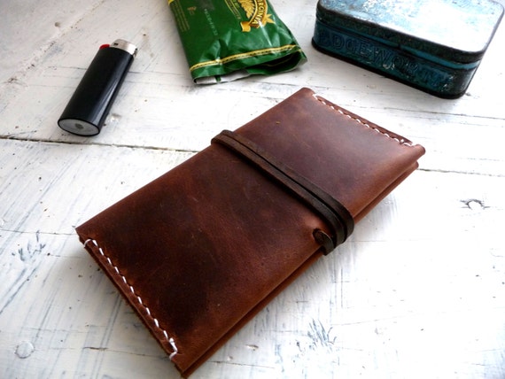 Tobacco Pouch Hand Stitched Brown Leather Pull-up