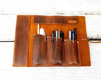 Estuche de cuero personalizado para lápices: estuche para pinceles de artista cosido a mano
