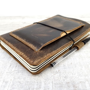 Leather midori cover with pockets, hand stitched travellers notebook, leather fauxdori, moleskine cahier cover, A5 cover, personalisation Teak