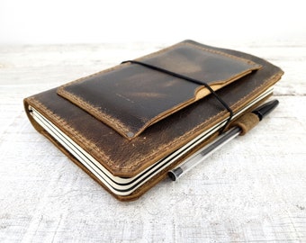 Leather midori cover with pockets, hand -stitched travellers notebook, leather fauxdori, moleskine cahier cover, A5 cover, personalisation