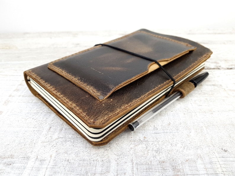 Leather midori cover with pockets, hand stitched travellers notebook, leather fauxdori, moleskine cahier cover, A5 cover, personalisation Teak