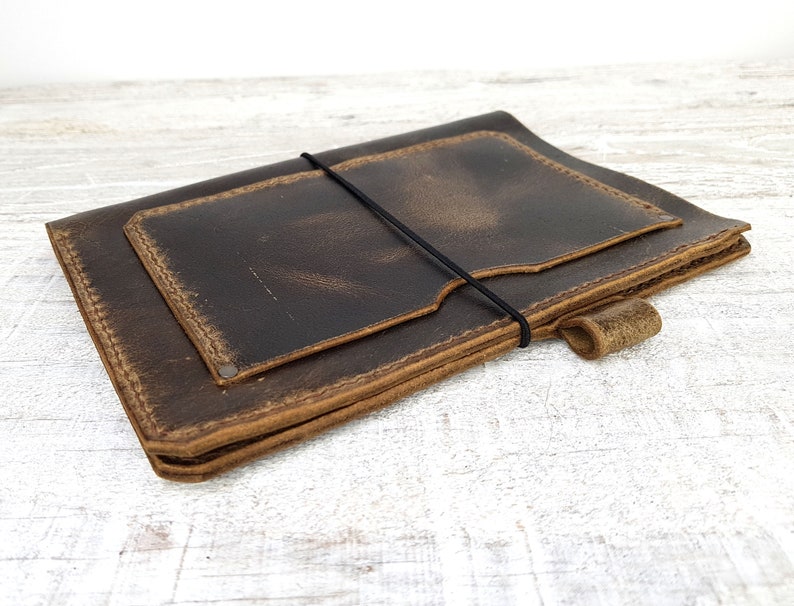 Leather midori cover with pockets, hand stitched travellers notebook, leather fauxdori, moleskine cahier cover, A5 cover, personalisation image 6