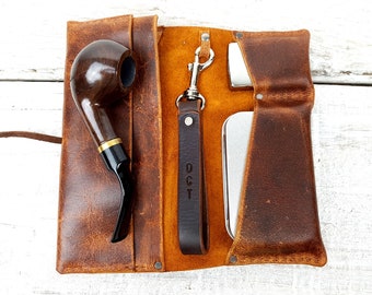 Brown leather pipe pouch, pipe roll, free personalisation leather pipe case, leather tobacco bag, pipe bag, pipe holder, includes tin