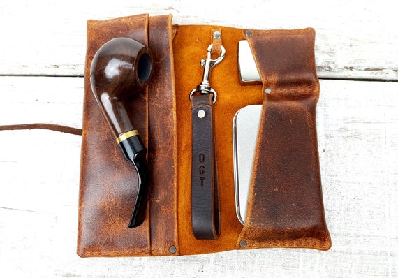 Brown leather pipe pouch, pipe roll, free personalisation leather pipe case, leather tobacco bag, pipe bag, pipe holder, includes tin