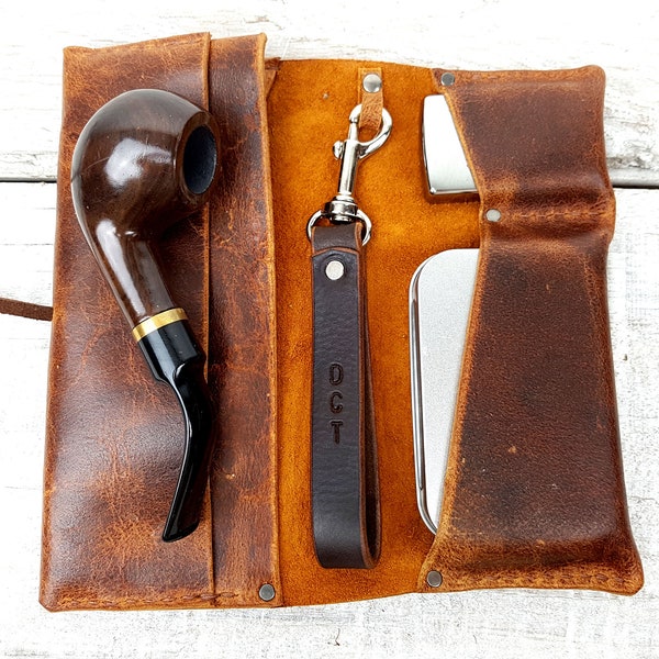 Brown leather pipe pouch, pipe roll, free personalisation leather pipe case, leather tobacco bag, pipe bag, pipe holder, includes tin