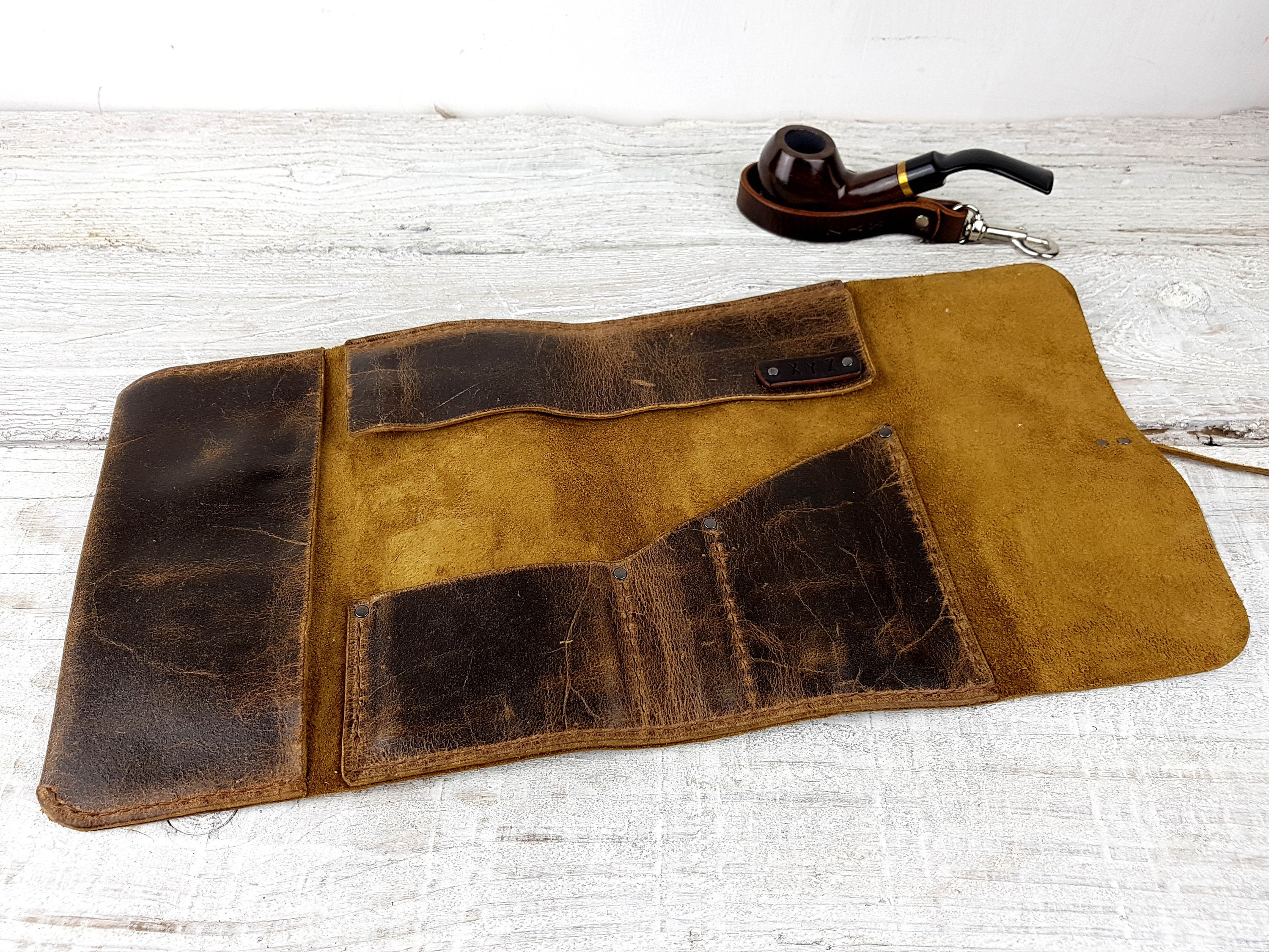 Personalized Leather Pipe Pouch/Pipe Roll - Brown - Galen Leather