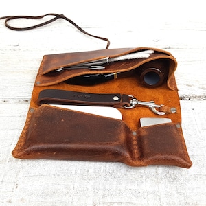 Rotolo per pipa in pelle marrone, include supporto per pipa in pelle, include scatola per tabacco, custodia per pipa in pelle, borsa per pipa in pelle, personalizzazione gratuita