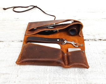 Brown leather pipe roll, includes leather pipe holder, includes tobacco tin, leather pipe pouch, leather pipe bag, free personalisation