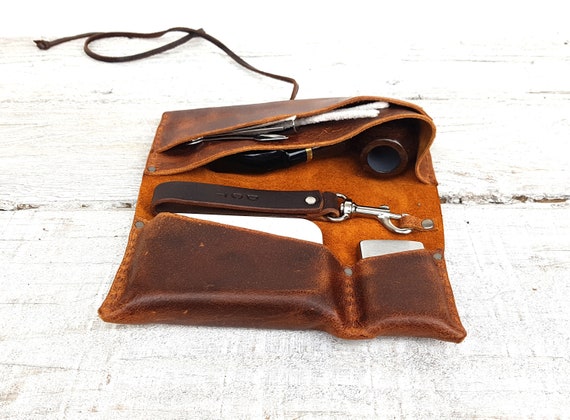 Brown leather pipe roll, includes leather pipe holder, includes tobacco tin, leather pipe pouch, leather pipe bag, free personalisation