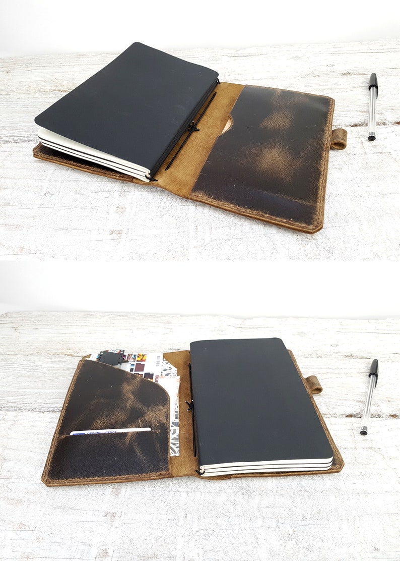 Leather midori cover with pockets, hand stitched travellers notebook, leather fauxdori, moleskine cahier cover, A5 cover, personalisation image 3