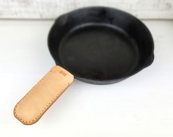 Hand Sewn Leather Skillet Handle Cover: Cast Iron Pot Grip, Personalized