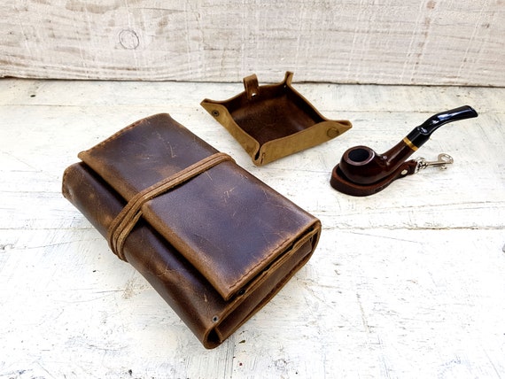 2 pipe leather roll, leather pipe pouch, leather pipe pouch, tobacco pouch, pipe holder, leather tobacco tray, free personalisation