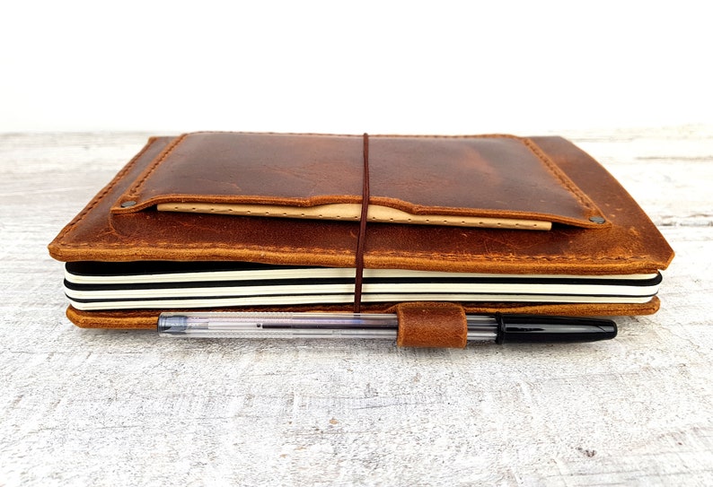 Leather midori cover with pockets, hand stitched travellers notebook, leather fauxdori, moleskine cahier cover, A5 cover, personalisation image 7