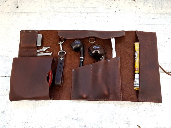 2 pipe leather roll, leather pipe pouch, leather pipe pouch, tobacco pouch, pipe holder, leather tobacco tray, free personalisation