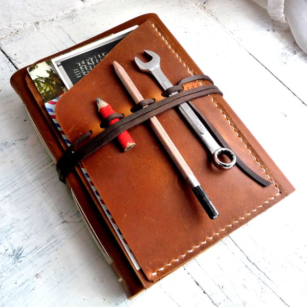 Large leather travel journal with inside and outside pockets- the ultimate travel journal