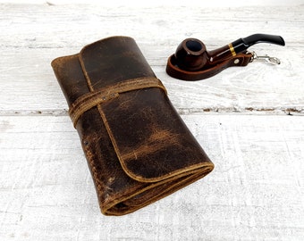 Leather pipe roll, personalised pipe pouch, leather pipe case, leather pipe and tobacco bag, pipe bag, pipe holder, free personalisation