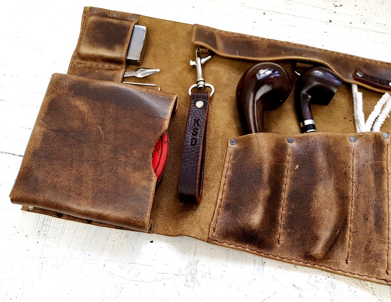 2 pipe leather roll, leather pipe pouch, leather pipe pouch, tobacco pouch, pipe holder, leather tobacco tray, free personalisation image 6