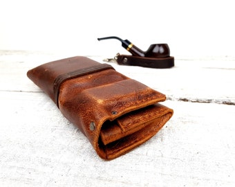 Brown leather pipe roll, includes leather pipe holder, includes tobacco tin, leather pipe pouch, leather pipe bag, free personalisation