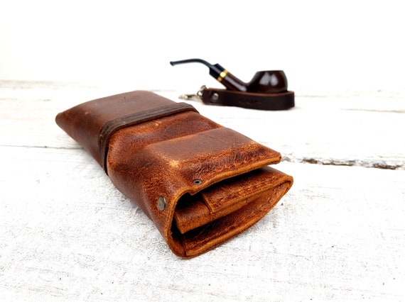 Brown leather pipe roll, includes leather pipe holder, includes tobacco tin, leather pipe pouch, leather pipe bag, free personalisation