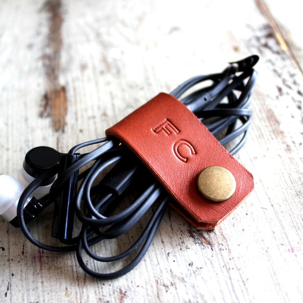 Leather Cord Organizer, Earbud Holder, Personalized Cable Keeper