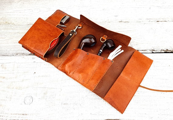 2 pipe leather roll, leather pipe case, leather pipe bag, tobacco pouch, pipe holder, leather tobacco tray, free personalisation