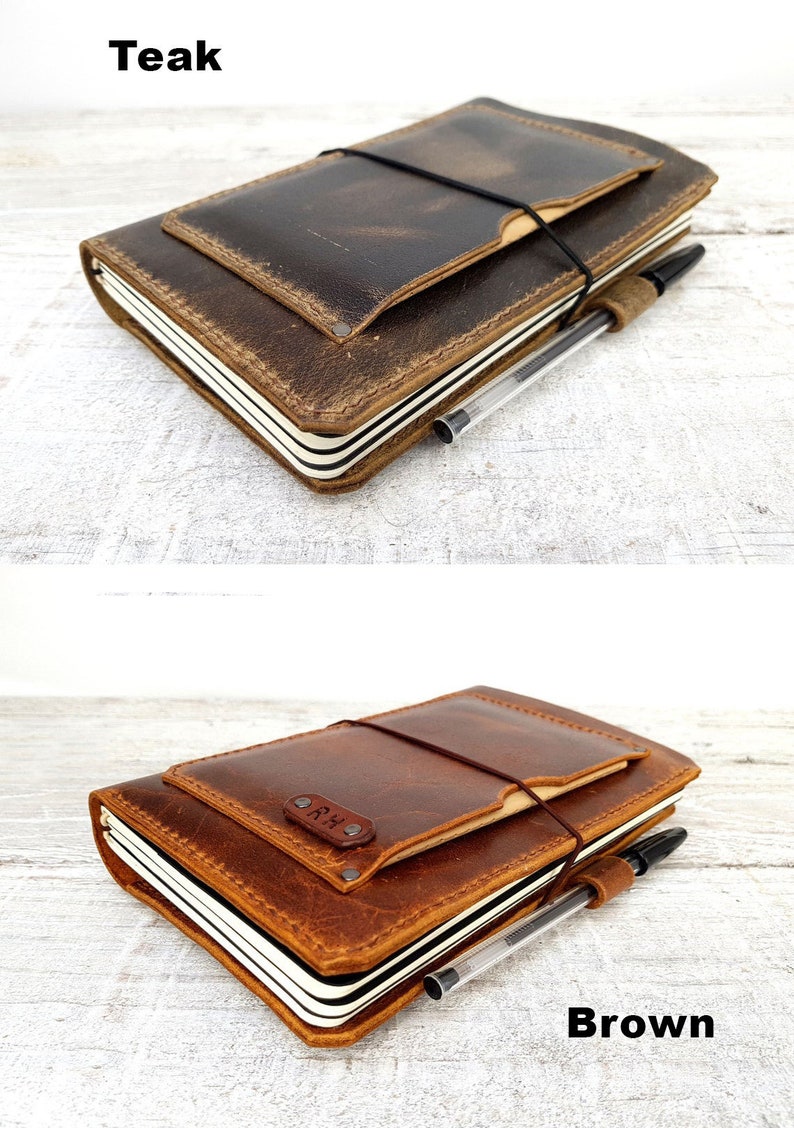 Leather midori cover with pockets, hand stitched travellers notebook, leather fauxdori, moleskine cahier cover, A5 cover, personalisation image 10