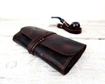 Leather pipe pouch, leather pipe roll, leather pipe case, leather pipe and tobacco bag, personalised, pipe holder, free personalisation