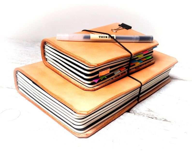 May include: Two stacked, tan leather journals with black and white striped pages. A black elastic band secures the top journal, with a pen and a binder clip on top. Colorful page markers are visible.