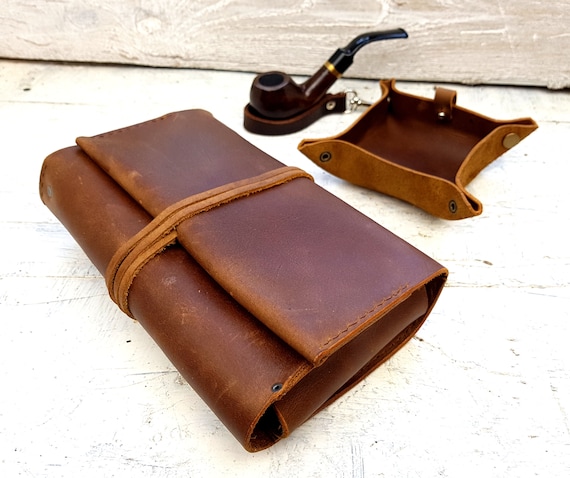 2 pipe leather roll, leather pipe pouch, leather pipe pouch, tobacco pouch, pipe holder, leather tobacco tray, free personalisation