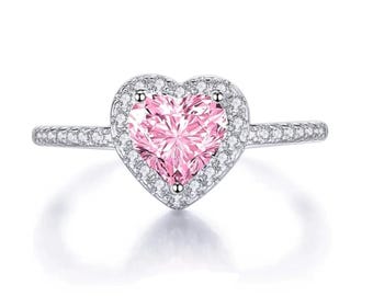 Sterlingzilveren hartring, roze verlovingsring zirkonia halo