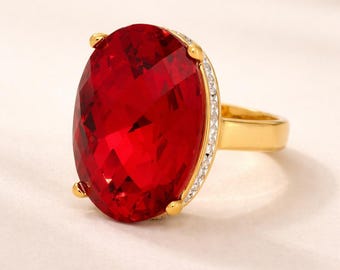 Large Oval Red Glass Gemstone Ring, 18K Gold Plated Stainless Steel Engagement Ring