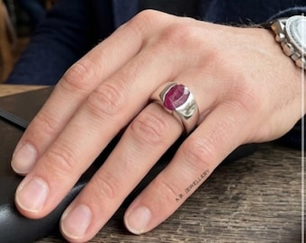 Anillo de sello con rubí en bruto, banda gruesa de plata de ley, joyería llamativa para hombre.