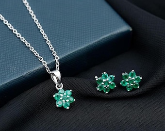 Conjunto de collar y pendientes de plata de ley 925 con esmeraldas auténticas y circonitas cúbicas, joyería minimalista y delicada, regalo para damas de honor.