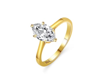 Anillo de novia para mujer con circonita cúbica talla marquesa, chapado en oro de 18 quilates y plata de ley 925.