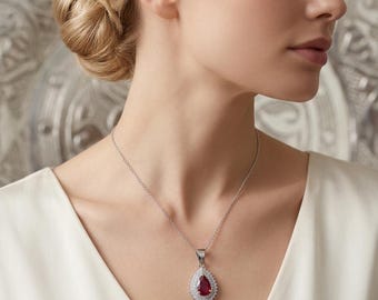 Collar con colgante de rubí talla pera de plata de ley artesanal, joyería llamativa de filigrana vintage