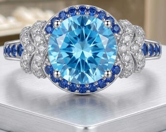Anillo artesanal de plata de ley 925 con topacio azul y zafiro, joyería de lujo para mujer.