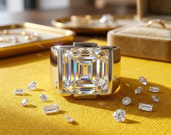 Anillo solitario para hombre con talla esmeralda, anillo llamativo de plata de ley, con gran gema de circonita cúbica.
