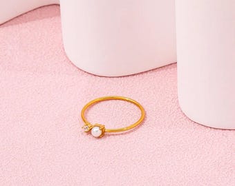 Anillo de perlas y circonitas chapado en oro de 18 quilates – Joyería delicada de acero inoxidable, regalo de graduación