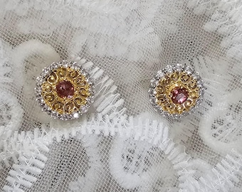 Pendientes de botón bicolor de turmalina auténtica, plata de ley 925, oro y plata.