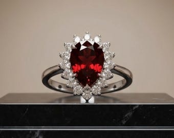 Anillo con halo de granate talla pera, plata de ley 925, anillo llamativo con gema roja en forma de lágrima.