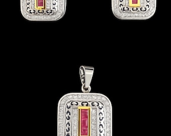Conjunto de colgante y pendientes de rubí con filigrana vintage, plata de ley bicolor.