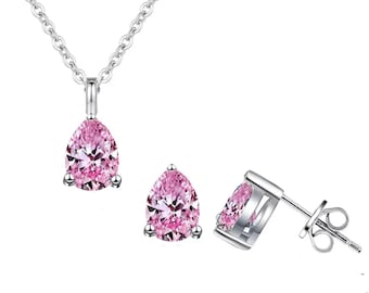 Conjunto de collar y pendientes con colgante en forma de lágrima rosa de plata de ley 925, regalo de cumpleaños.