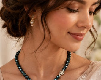 Collar de perlas auténticas de agua dulce color verde oscuro con forma de pavo real, 7 mm, 16,5", regalo de boda.