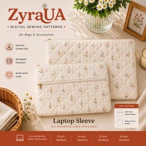 Könnte beinhalten: Zwei gesteppte Laptophüllen aus cremefarbenem Stoff mit kleinem Blumenmuster. Eine Hülle verfügt über eine horizontale Reißverschlusstasche auf der Vorderseite mit goldenem Zipper, die andere ist eine einfache rechteckige Tasche. Text: ZyraUA.