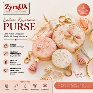 May include: Three round zippered pouches in varying sizes with a floral pattern on a light background. Each pouch features a gold-tone zipper, a matching tassel, and a metal keychain clip. The largest pouch is adorned with a small pink fabric bow.