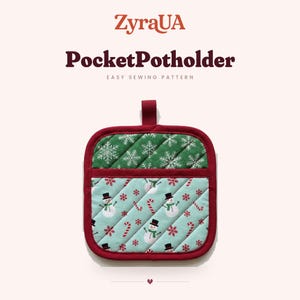 May include: A square pocket potholder featuring a dark red fabric trim and a hanging loop. The top section has a green fabric with white snowflake patterns, while the bottom pocket displays a light blue fabric with snowmen and candy canes.