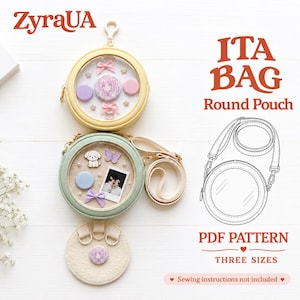 May include: A round yellow and a round sage green ita bag pouch with clear front windows, displaying pins and photos inside. Includes a matching beige circular insert, a detachable strap, and a line drawing of the bag with text ZyraUA ITA BAG Round Pouch PDF PATTERN THREE SIZES.