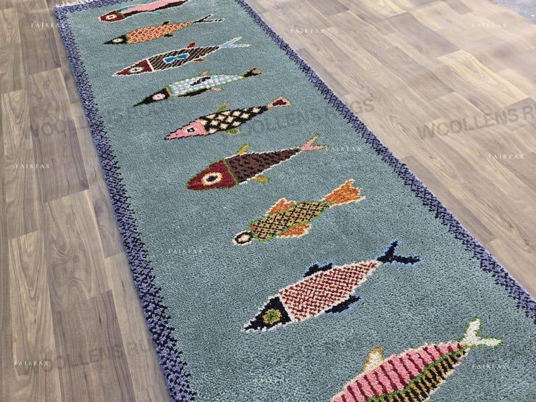 Hand Knotted Wool Runner Rug in Sky Blue With Multicolor Fish Motif ...