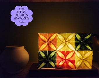 Hand-stitched Korean Silk Lantern: Cathedral Window Quilt Design, LED Light